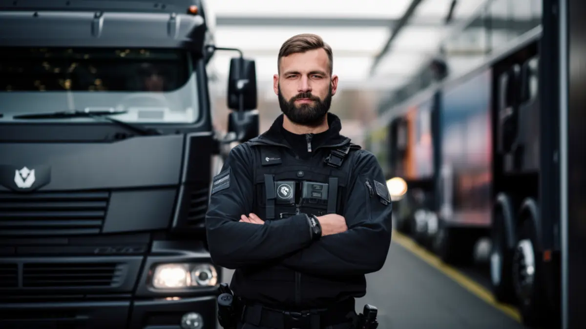 Werkschutz vor dem Fuhrpark eines Betriebs